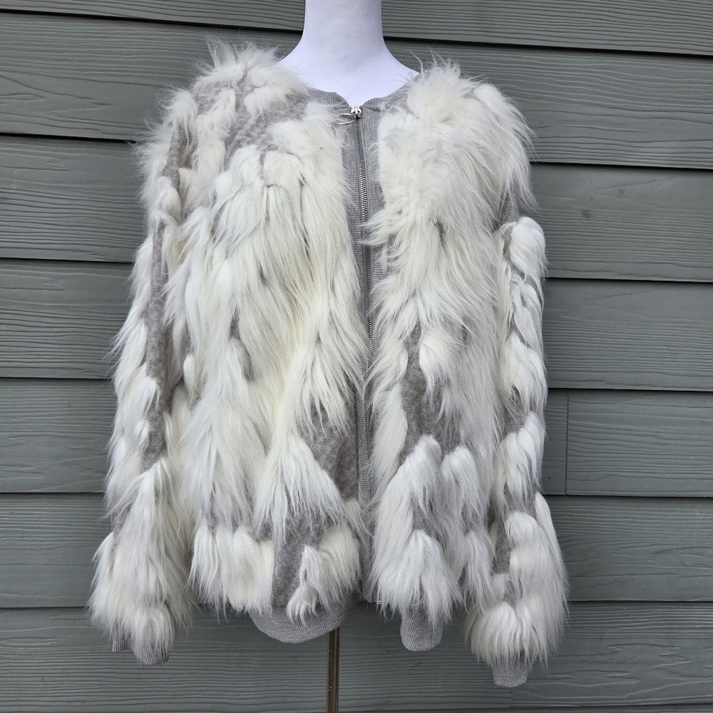 ZARA FAUX WHITE FUR & GRAY KNIT COMBINATION ZIPPERED JACKET SZ. M